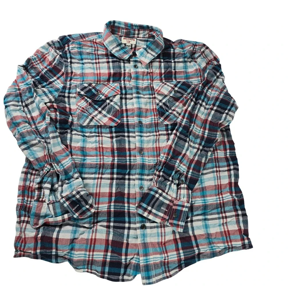 True Religion Men 2XL Plaid Flannel Shirt Long Sleeve Red White Blue Button Down